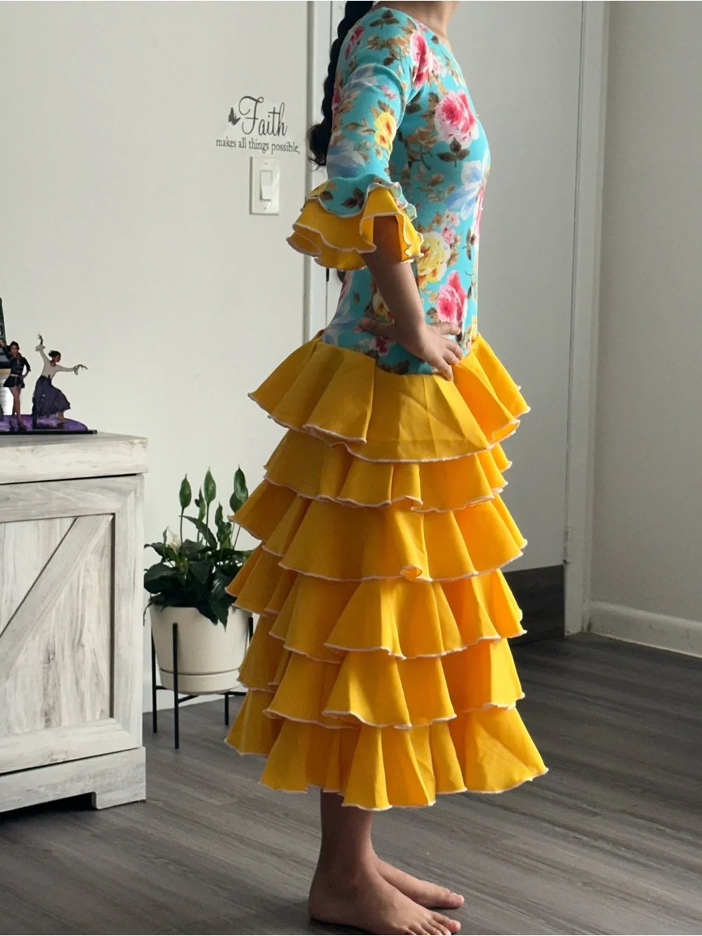 Girls Yellow Tiered Ruffle Dance Dress with Floral Bodice